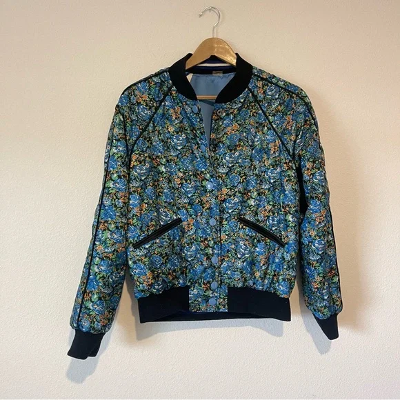 Vintage Coach Reversible Varsity Jacket M/L Blue Satin Bomber Floral Snap *Flaw - Picture 11 of 16